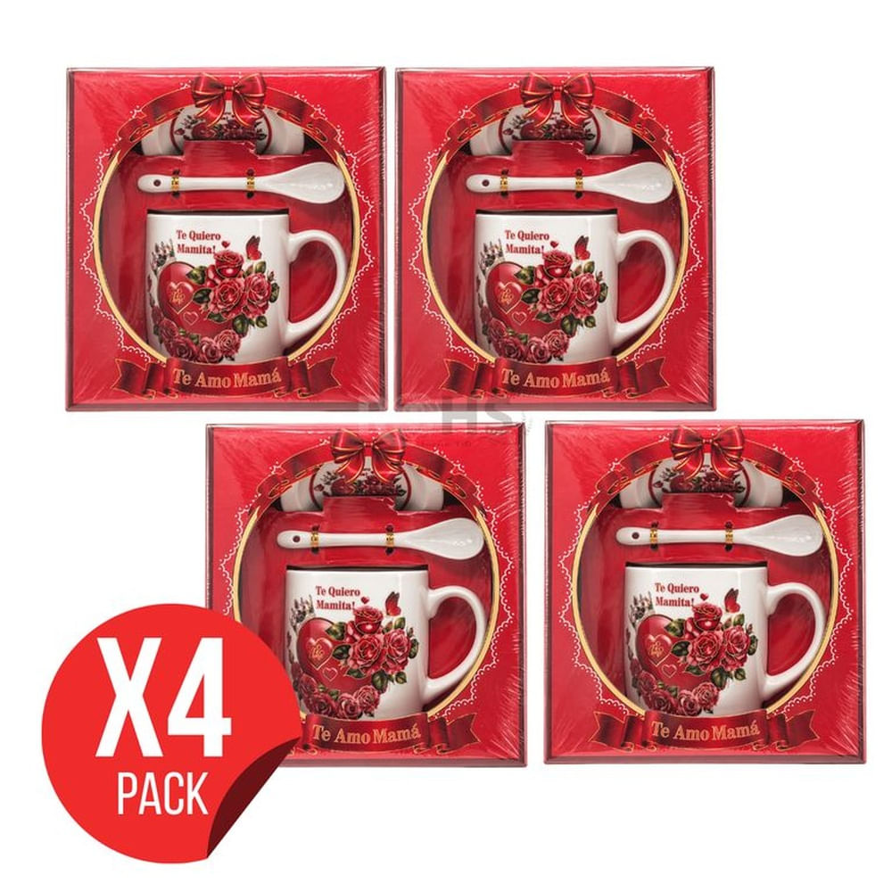 Pack 4 Sets De Regalo Para Día De La Madre Taza Con Plato Y Cuchara Te Amo Mamá Diseño Rojo Cerámica