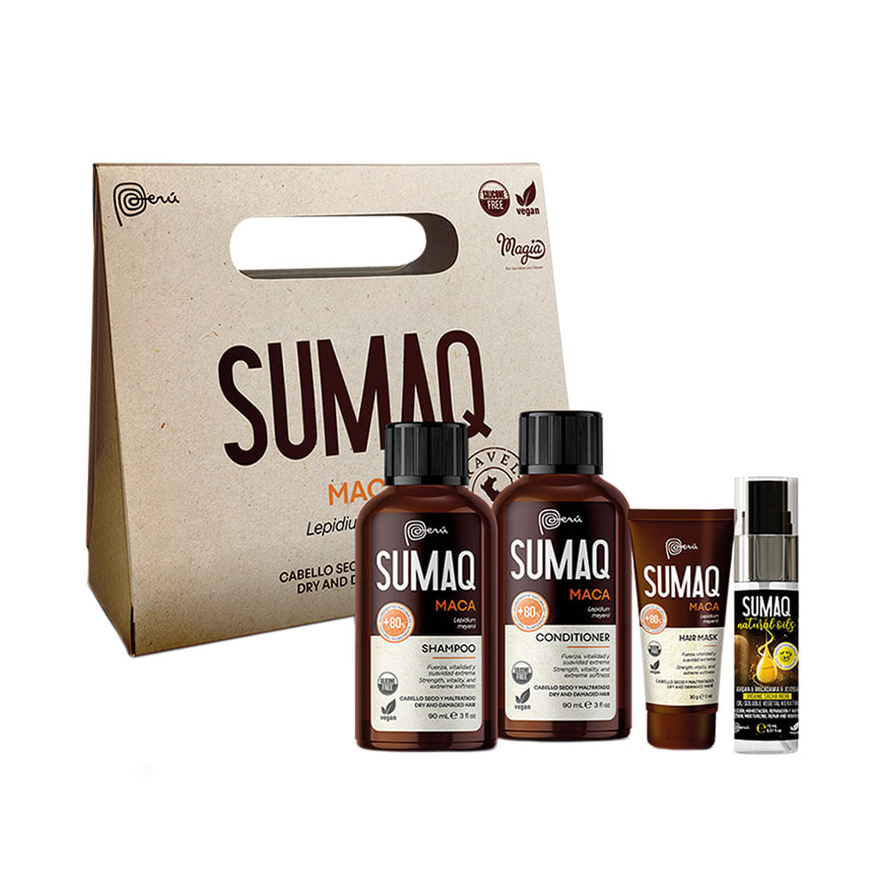 Pack Travel capilar Sumaq Maca (shampoo + acondicionador + mascarilla + óleo)