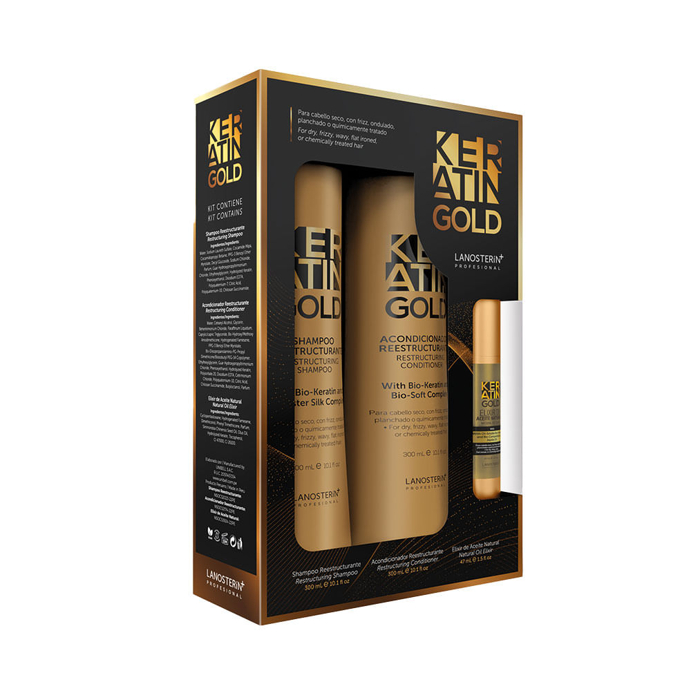 Pack Lanosterin Keratin Gold de Shampoo + Acondicionador + Elixir