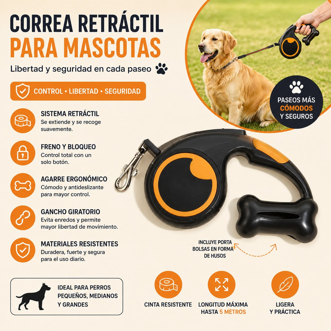 Correa Retráctil para Perros Con Dispensador de Bolsas - NEGRO