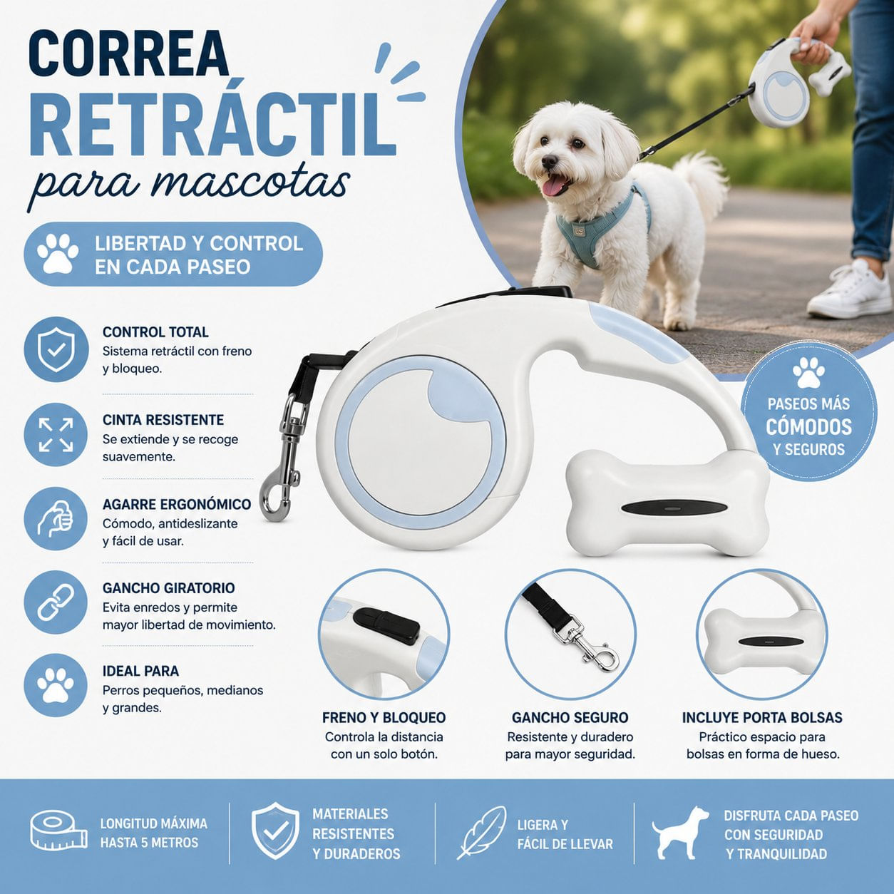 Correa Retráctil para Perros Con Dispensador de Bolsas - GRIS