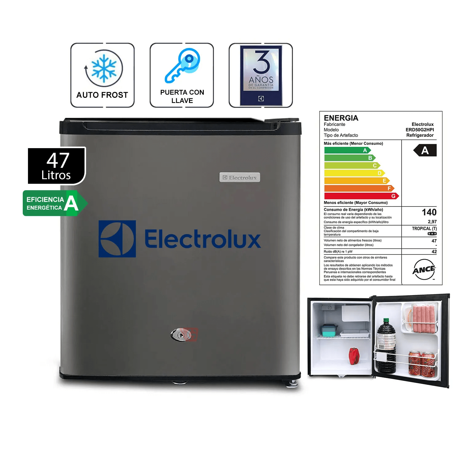 Mini Frigobar Con Llave Inox 47 litros Silver Electrolux ERD50G2HPI