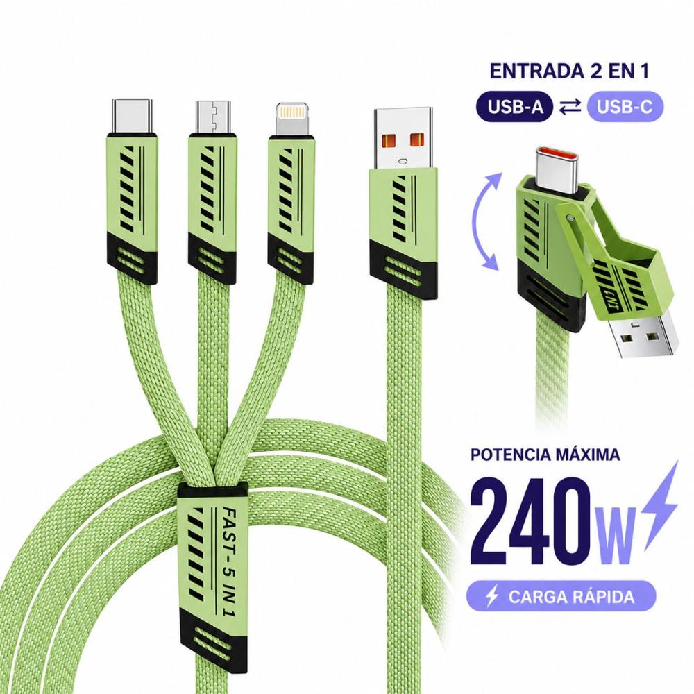 Cable 5 en 1 BL-43 Carga Rápida 240W 2 Entradas USB-C 3 Salidas C-Lightning-Micro USB