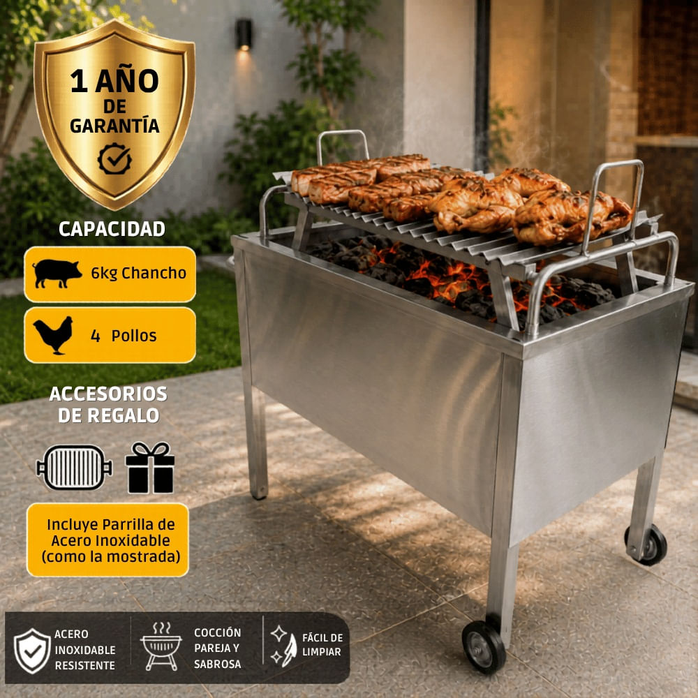 Caja China Acero Inoxidable 6 kg + Parrilla en V Incluida | Ruedas Industriales | Garantia 1 Año