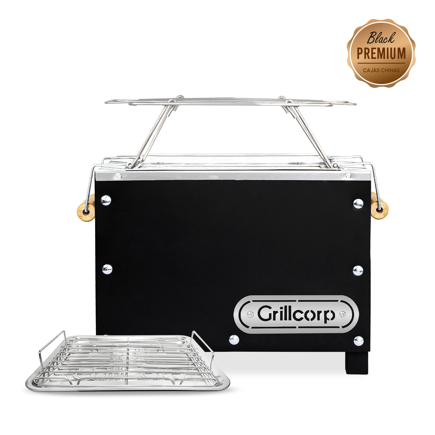 Caja China Mini Black con Parrilla de Varillas Niqueladas