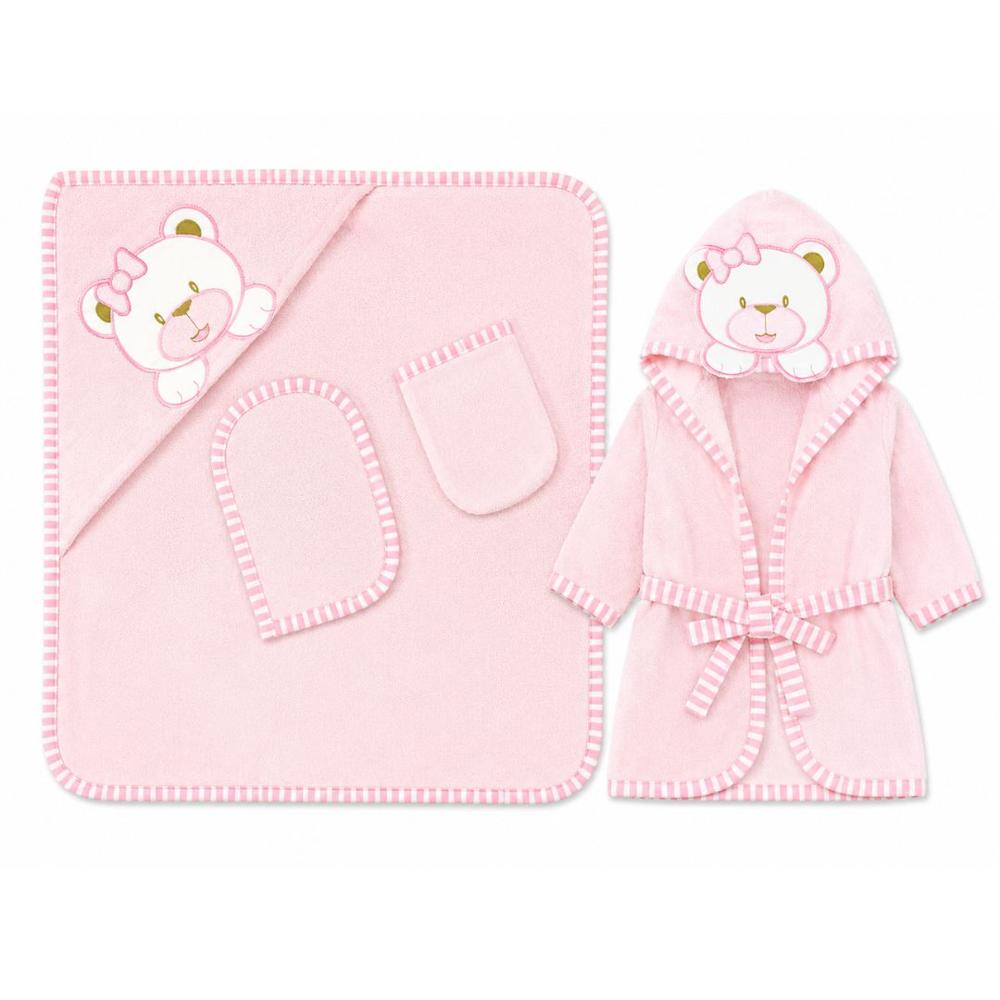 Set de Baño de Bebé con Toalla Salida de Baño Manopla y Babita - Rosado
