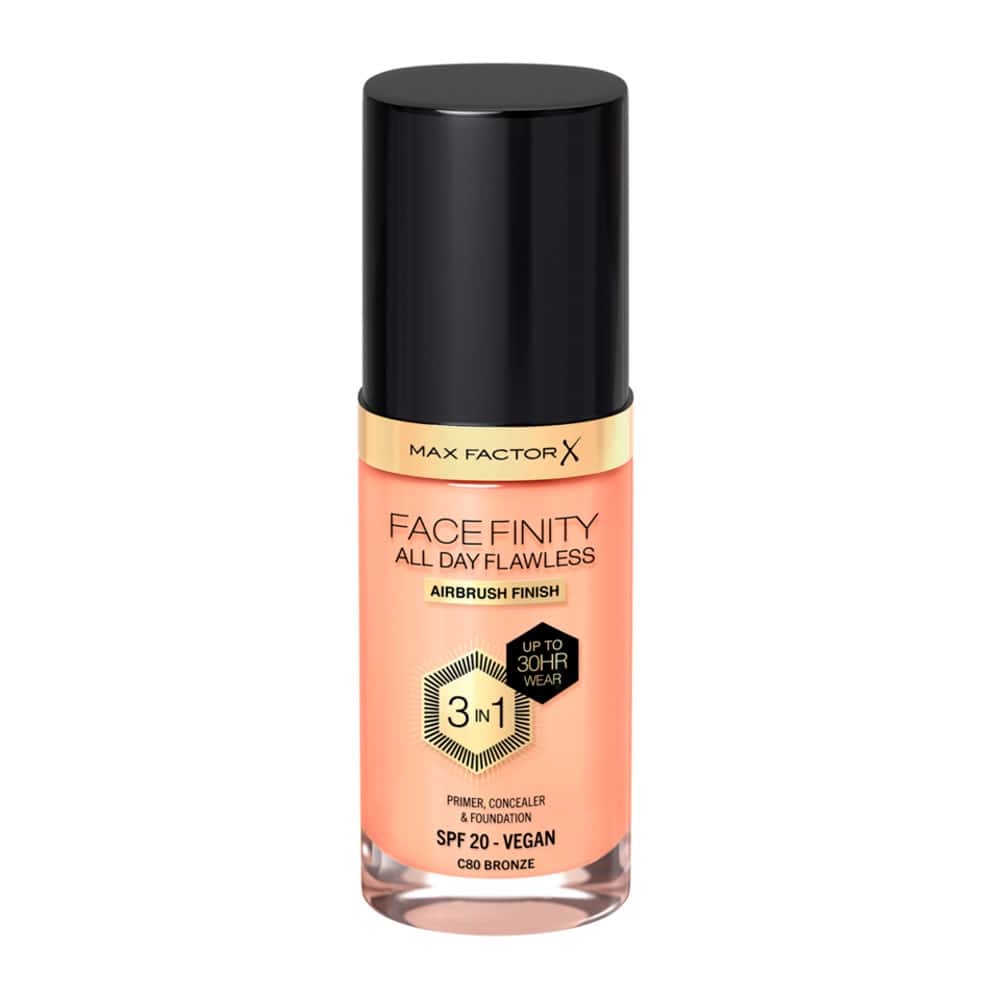 Base Líquida Max Factor Facefinity All Day Flawless 3 en 1 FPS 20 Vegano C80 Bronze