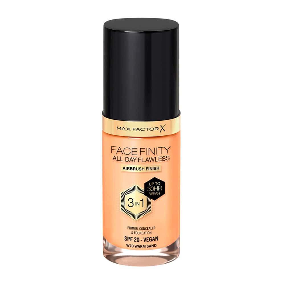 Base Líquida Max Factor Facefinity All Day Flawless 3 en 1 FPS 20 Vegano W70 Warm Sand