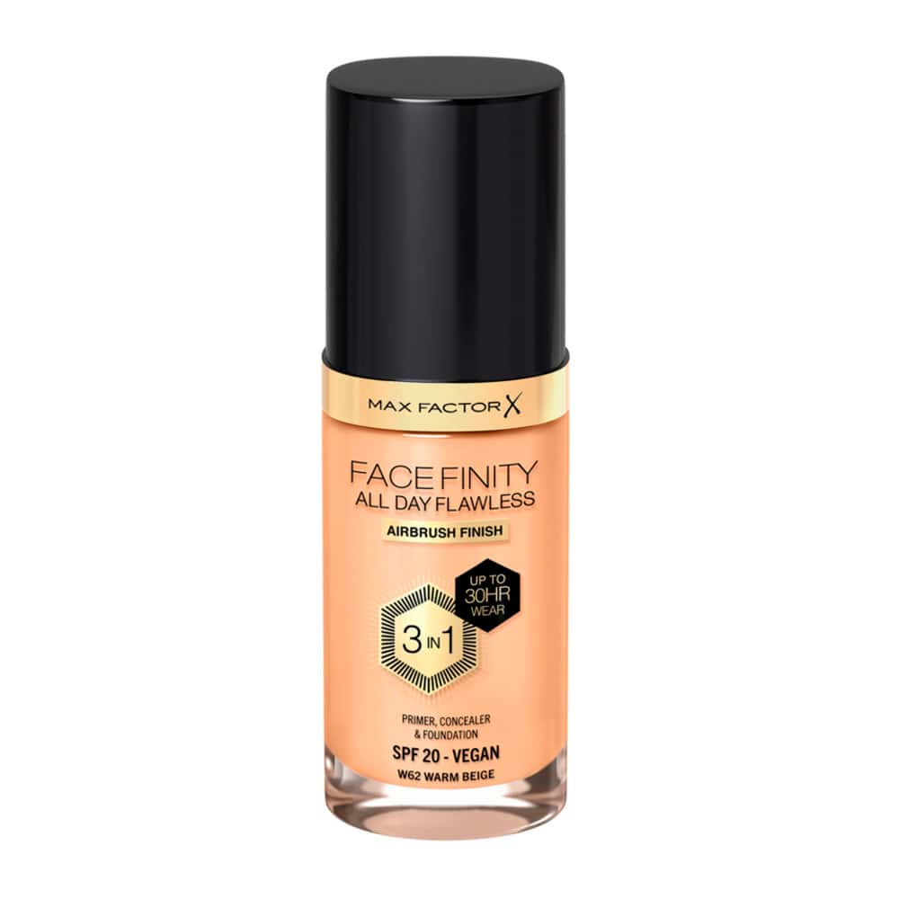 Base Líquida Max Factor Facefinity All Day Flawless 3 en 1 FPS 20 Vegano W62 Warm Beige