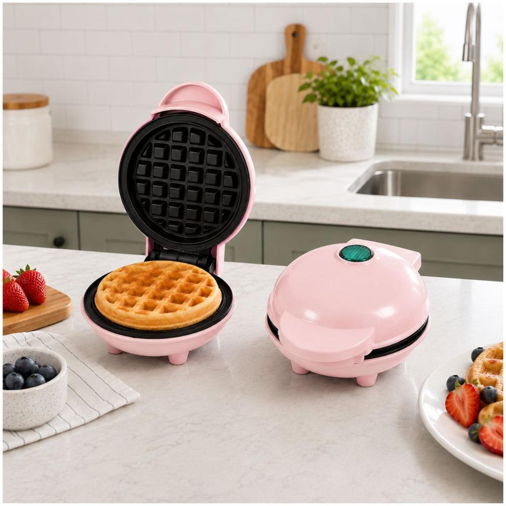 Mini Wafflera Antiadherente Eléctrica Portátil de 350W Rosado