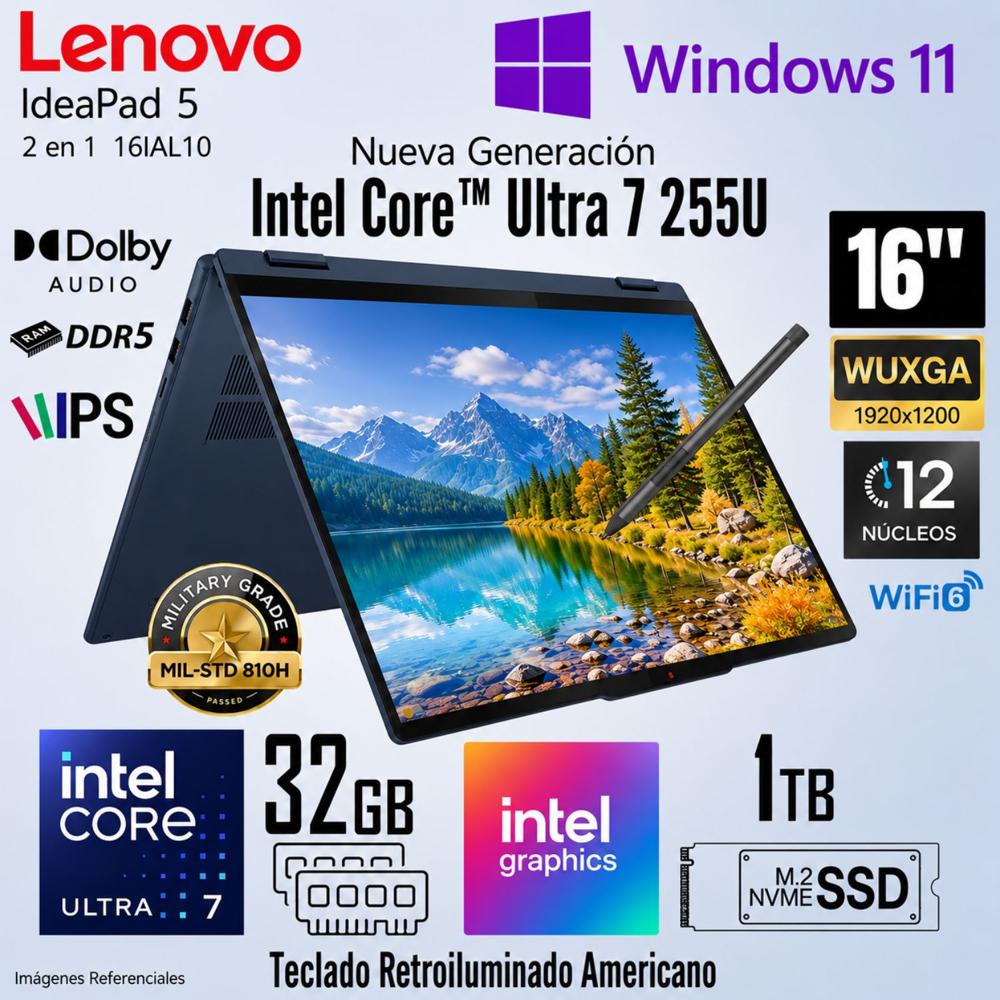 Laptop Lenovo IdeaPad 5 2 en 1 16IAL10 Intel Core Ultra 7 255U 32GB RAM 1TB 16 Táctil 83KS001BUS