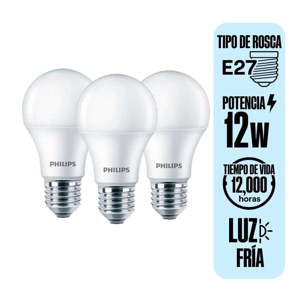 Foco LED Philips 12W Luz Fría E27 Pack de 3 Unidades