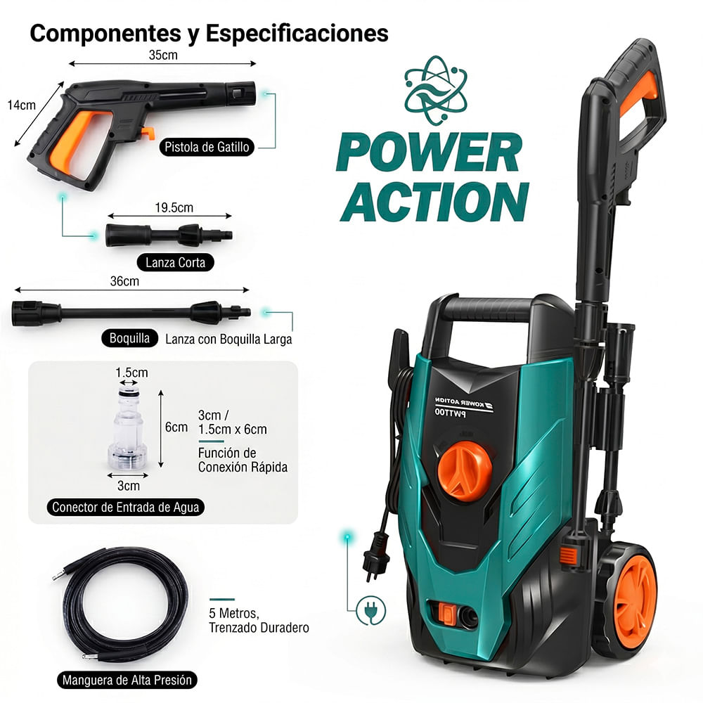 Hidrolavadora Portátil de Alta Presión 1700 W Modelo POWER ACTION PORTATIL