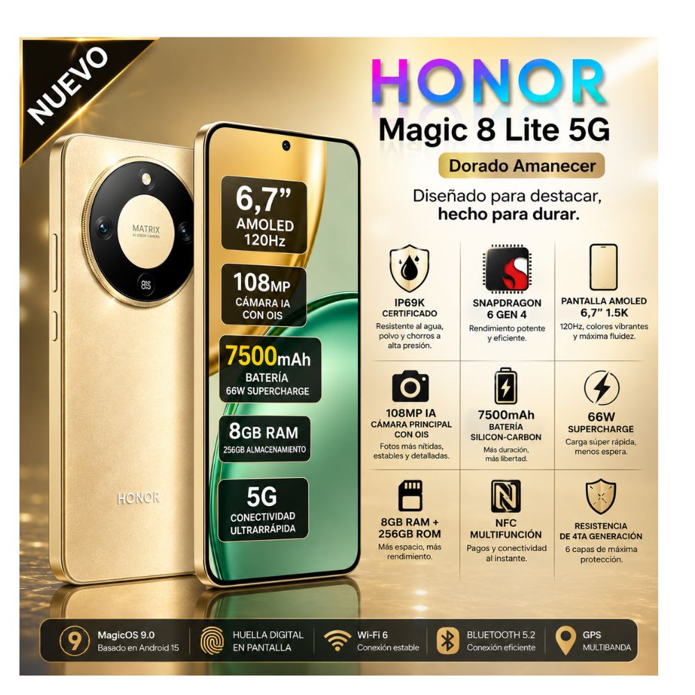 CELULAR Honor Magic 8 LITE 5G 8GB RAM 256GB DORADO