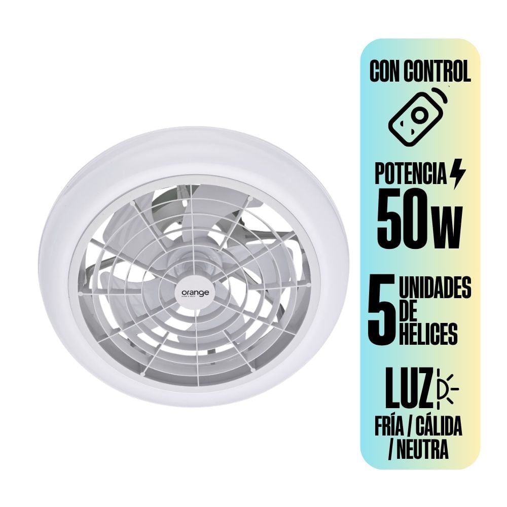 Ventilador de Techo Orange 5 Aspas Plafón Luz Fría/Cálida/Neutra 50W + Control