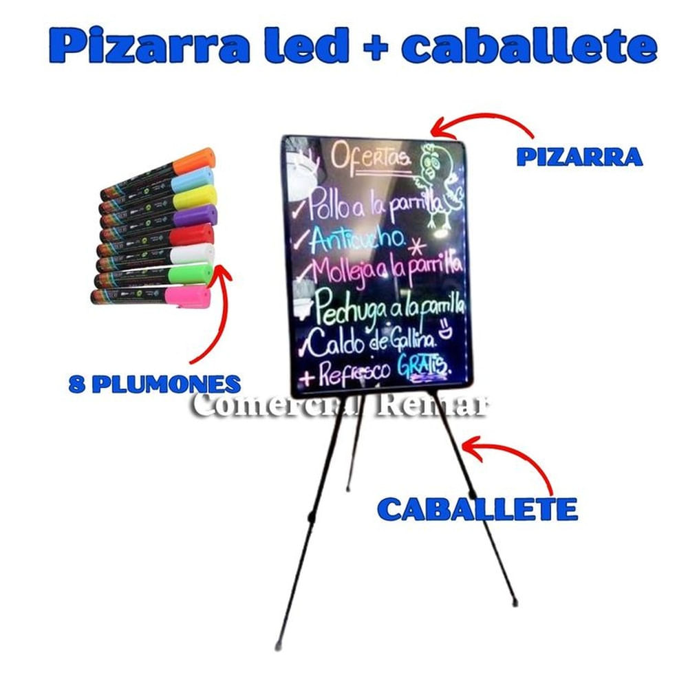 Pizarra Led 80x60cm con Luces + Caballete + 8 Plumones Negro