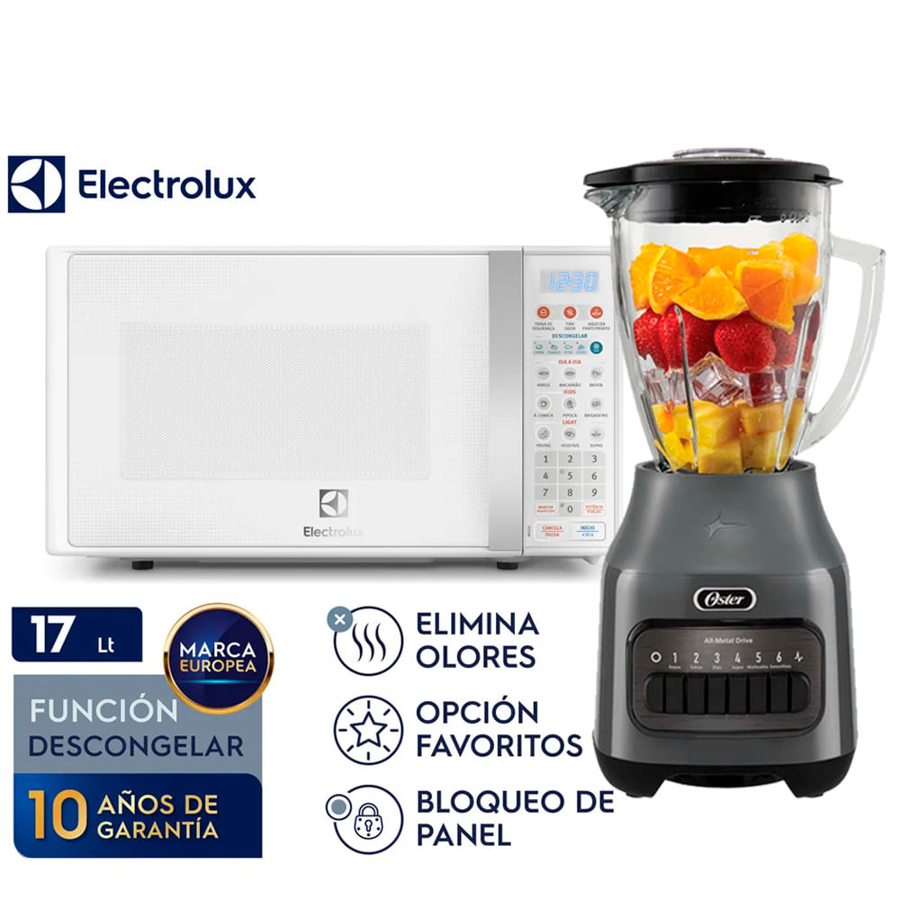 Combo Licuadora 6 Vel  Oster BLSTPEG-GPB más Horno Microondas 17L EMDO17S2GSRUW  Electrolux