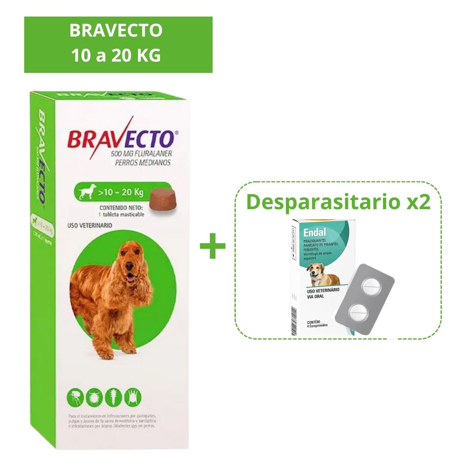 Antipulgas Bravecto para perros de 10 a 20 kg más Gratis Endal desparasitante