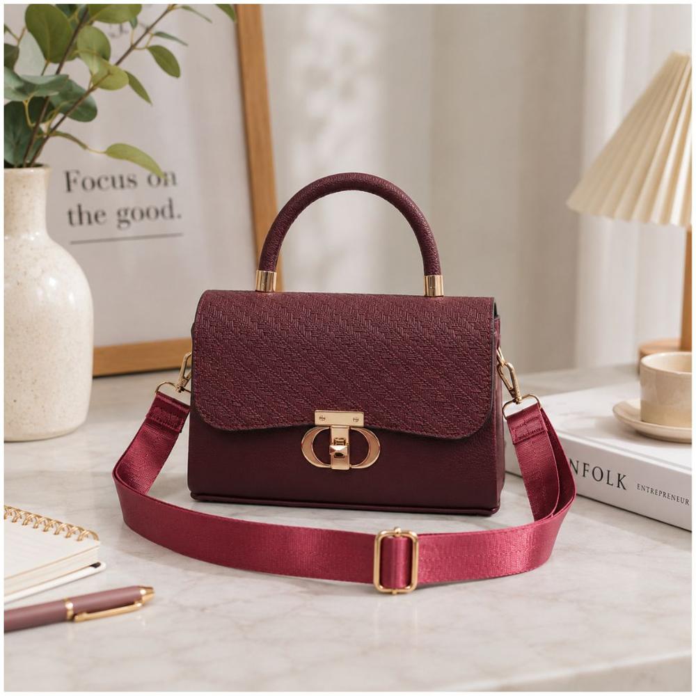 Cartera de Mano Elegante para Mujer con Correa Ajustable y Broche Dorado Guinda