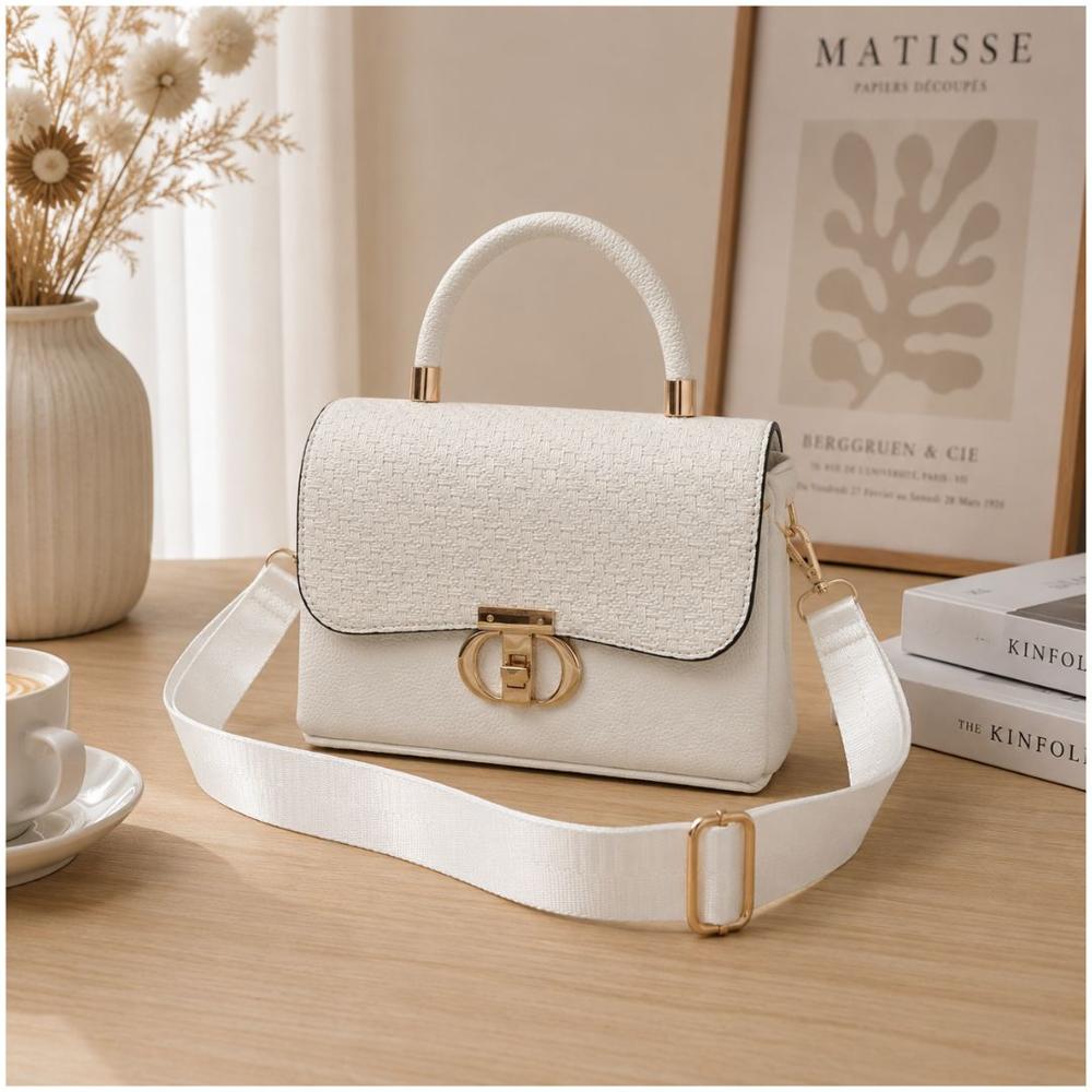 Cartera de Mano Elegante para Mujer con Correa Ajustable y Broche Dorado Blanco