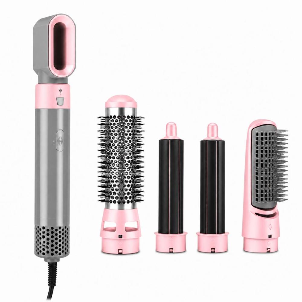 Cepillo Secador Multifuncional 5 en 1 para Cabello Rizador y Peines Intercambiables Rosado