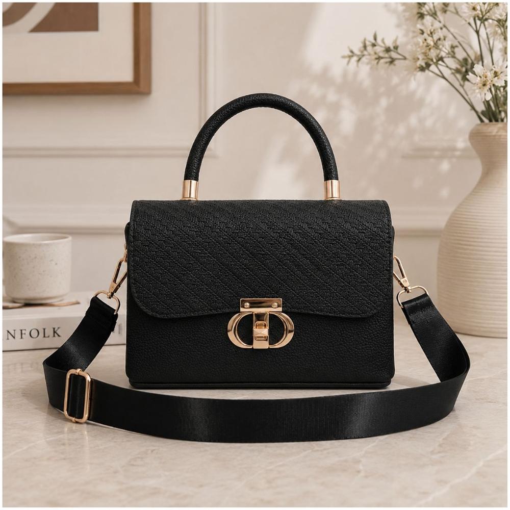 Cartera de Mano Elegante para Mujer con Correa Ajustable y Broche Dorado Negro