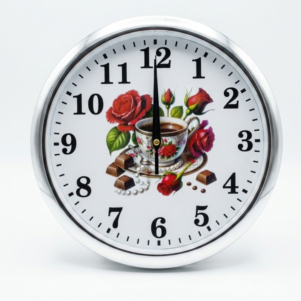 Reloj de Pared Rose Coffee Elegance Decorativo de 25 cm Diseño Floral con Taza y Chocolates
