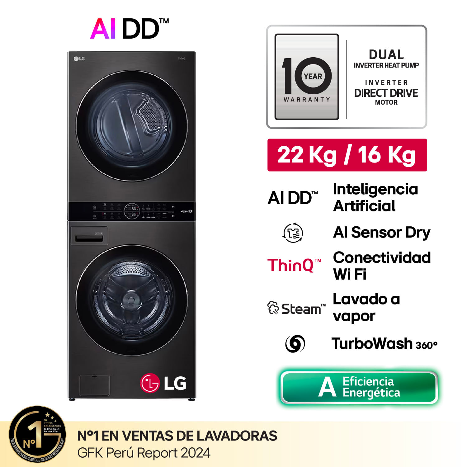 Centro de Lavado LG WK22BS6 22/16Kg Negro Acero