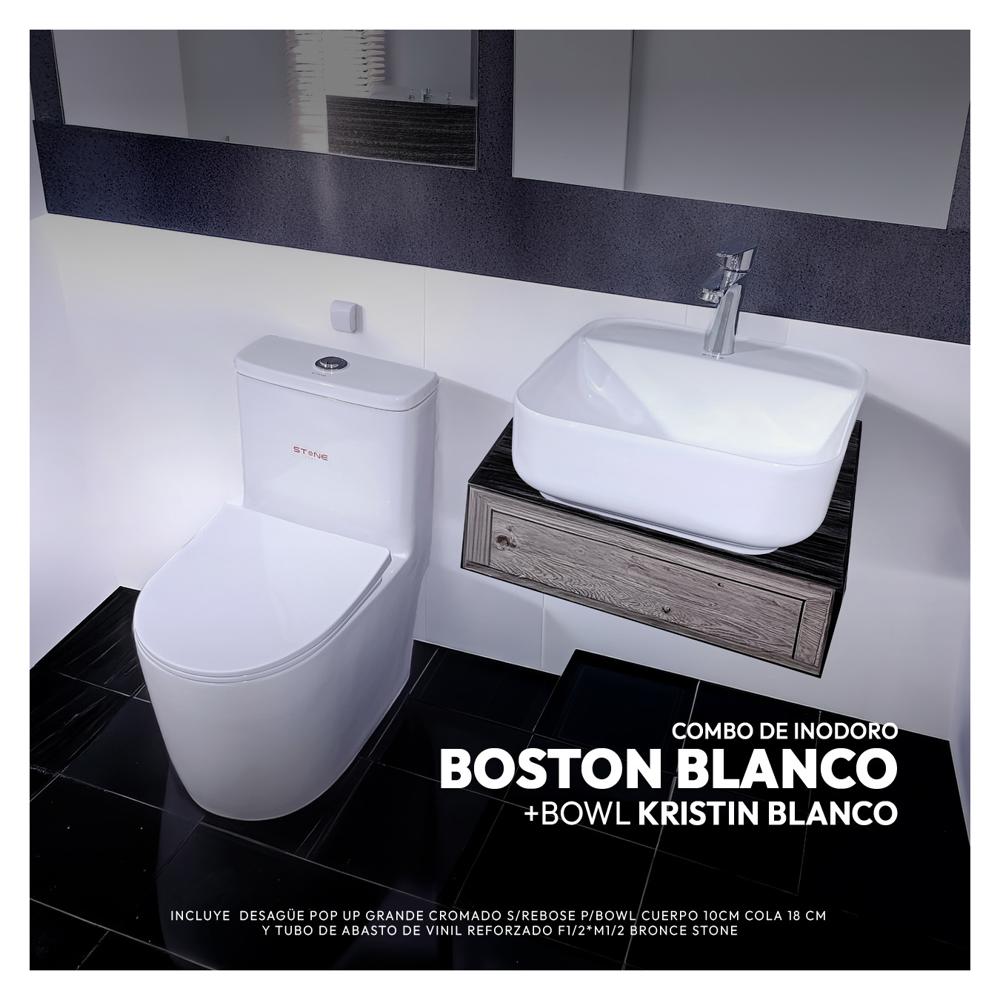 Combo De Inodoro Boston Blanco + Bowl Kristin Blanco + Desagüe Pop Up Grande Cromado S/Rebose