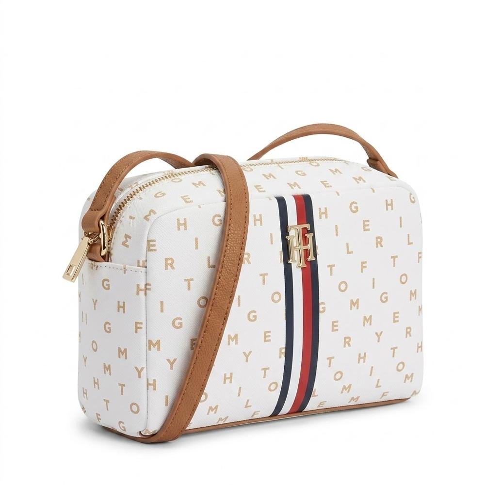 CARTERA CROSSBODY TOMMY HILFIGER MONOGRAFIADA BLANCO CON CINTA ROJO Y BLANCO