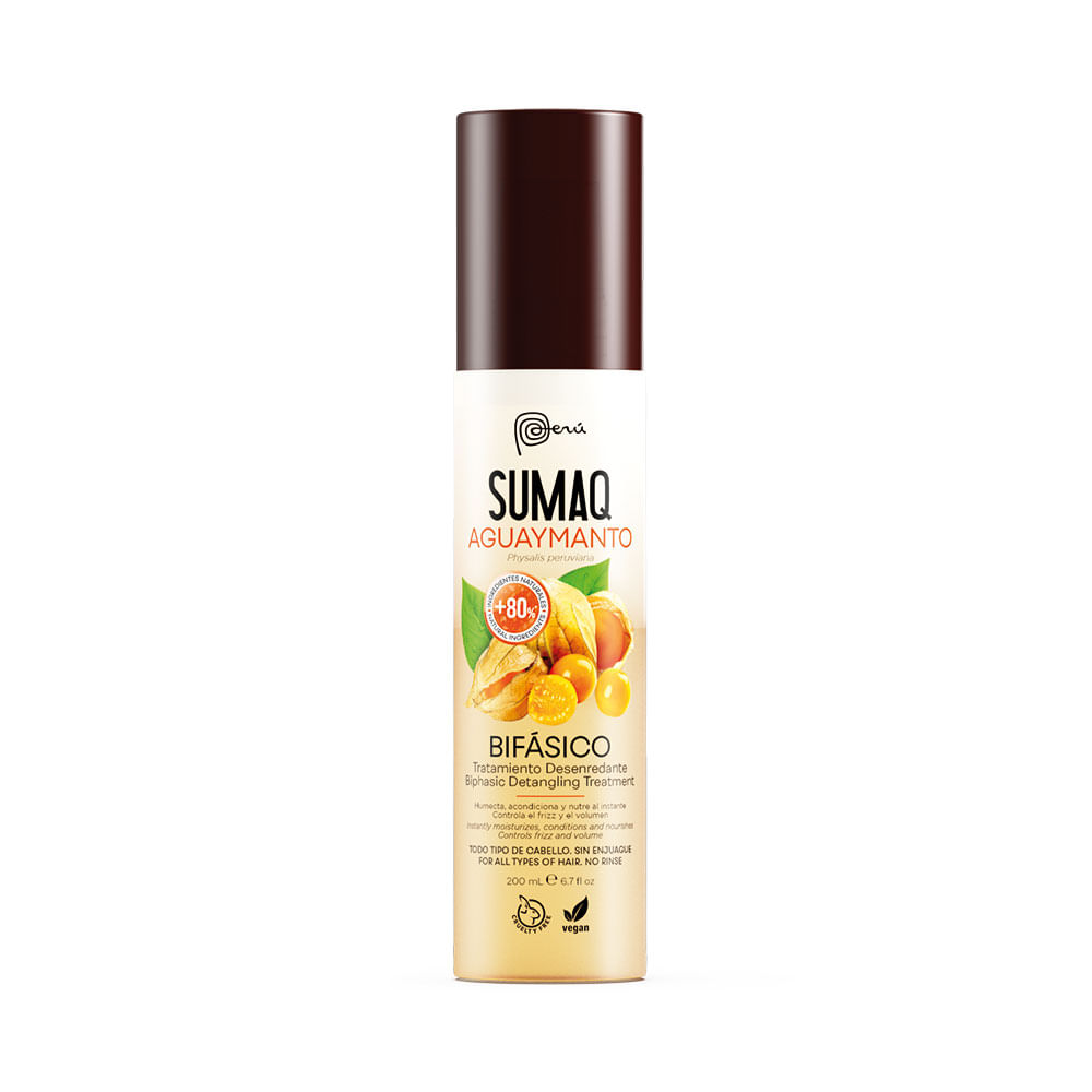 Loción desenredante bifásico Sumaq Aguaymanto control de frizz y volumen 200 ml