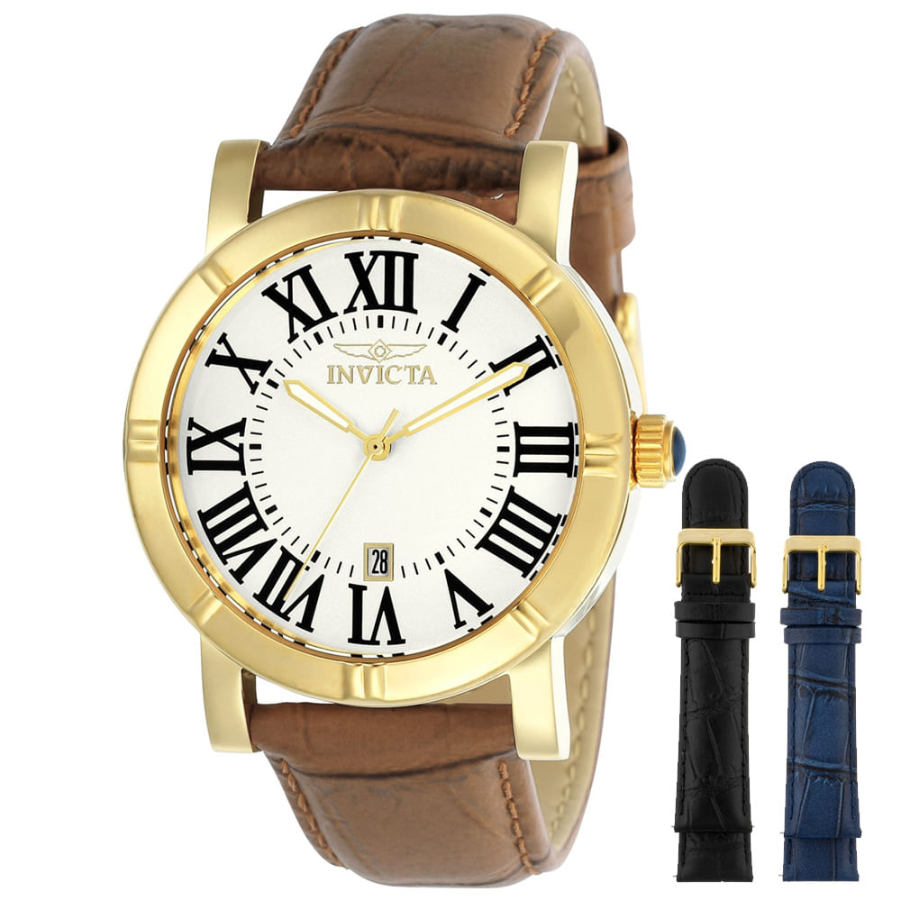 Reloj Invicta Specialty 13971 Fecha Set 3 Correas de Cuero Acero Inoxidable Dorado