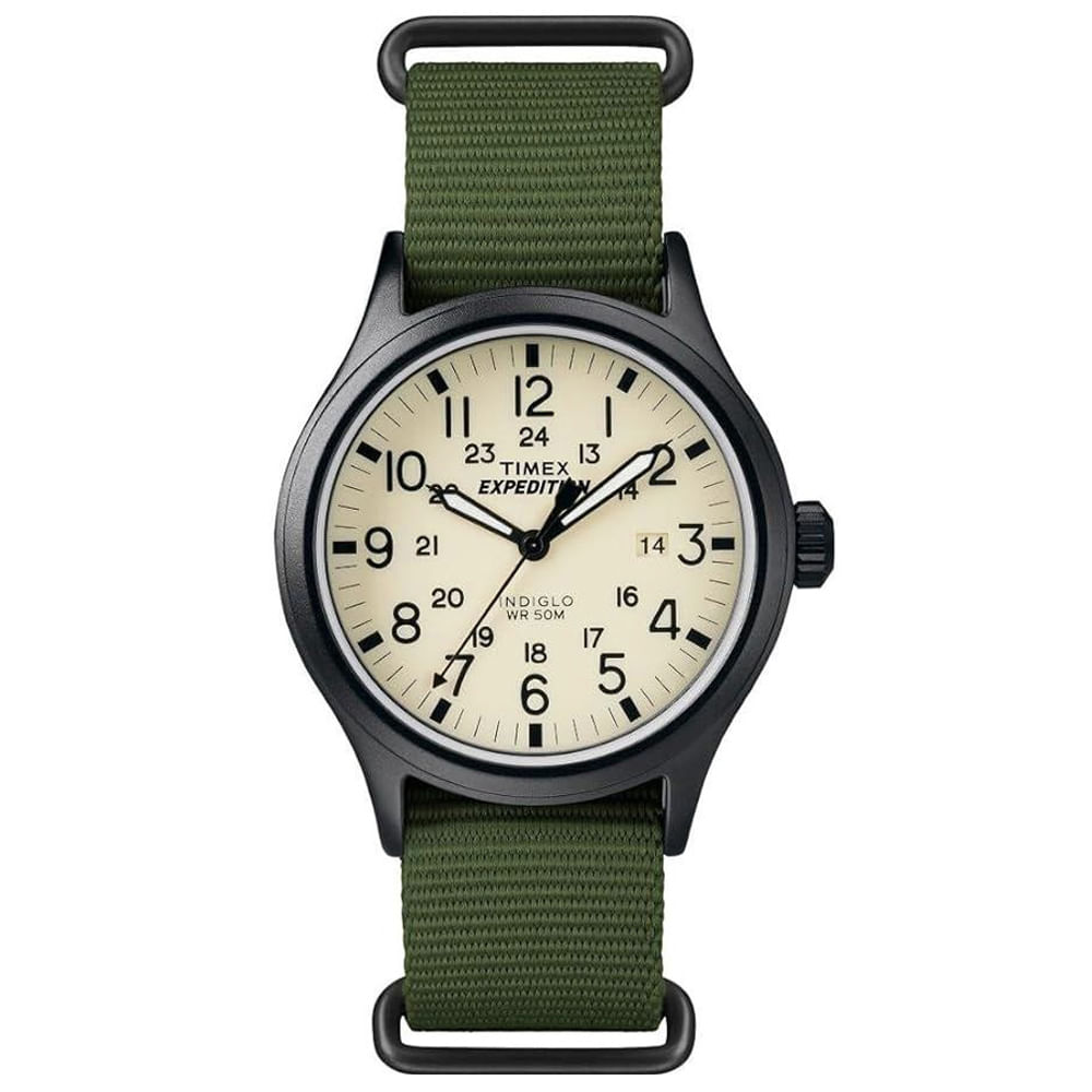 Reloj Timex Expedition Scout TW4B15500 Luz Indiglo Fecha Correa de Nylon Verde Dial Crema