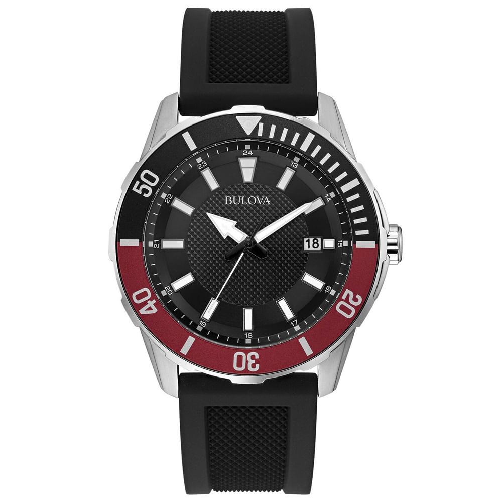 Reloj Bulova 98B348 Fecha Acero Inoxidable Correa de Silicona Negro
