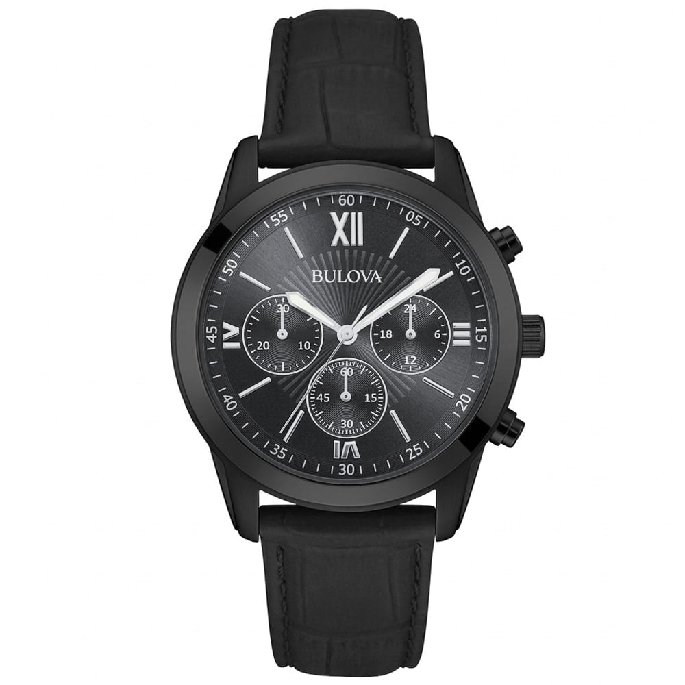 Reloj Bulova 98A152 Cronómetro Acero Inoxidable Correa de Cuero Dial Negro