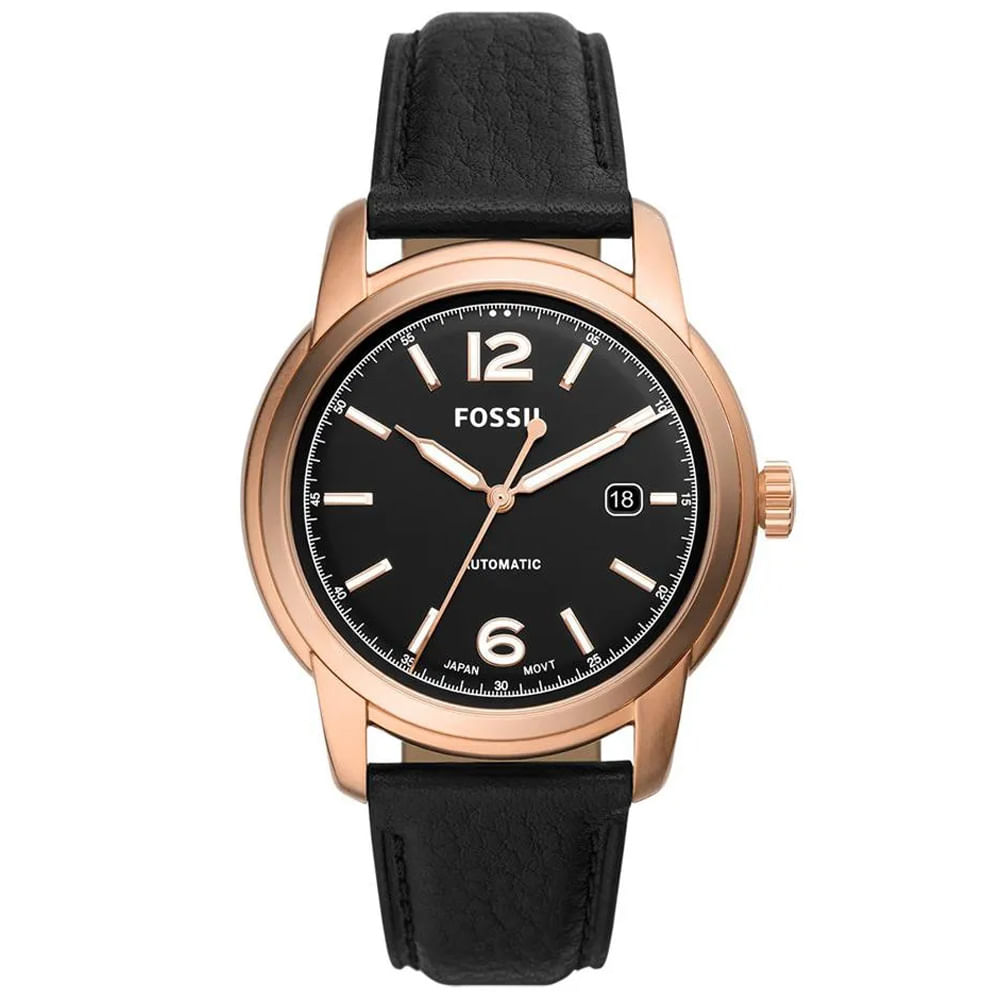 Reloj Fossil Heritage ME3222 Automático Fecha Acero Oro Rosado Cuero Negro