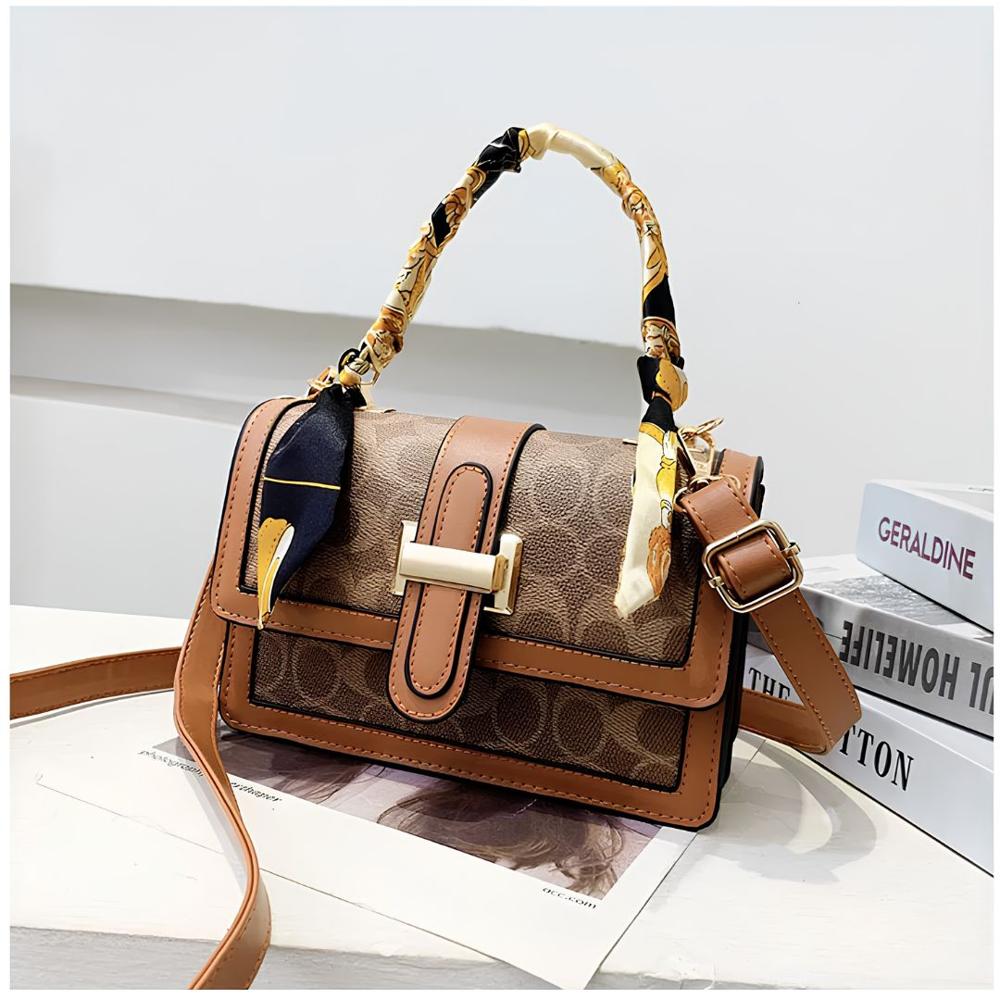 Cartera de Mano con Asa y Correa Ajustable Estilo Casual con Pañuelo - Marrón Claro