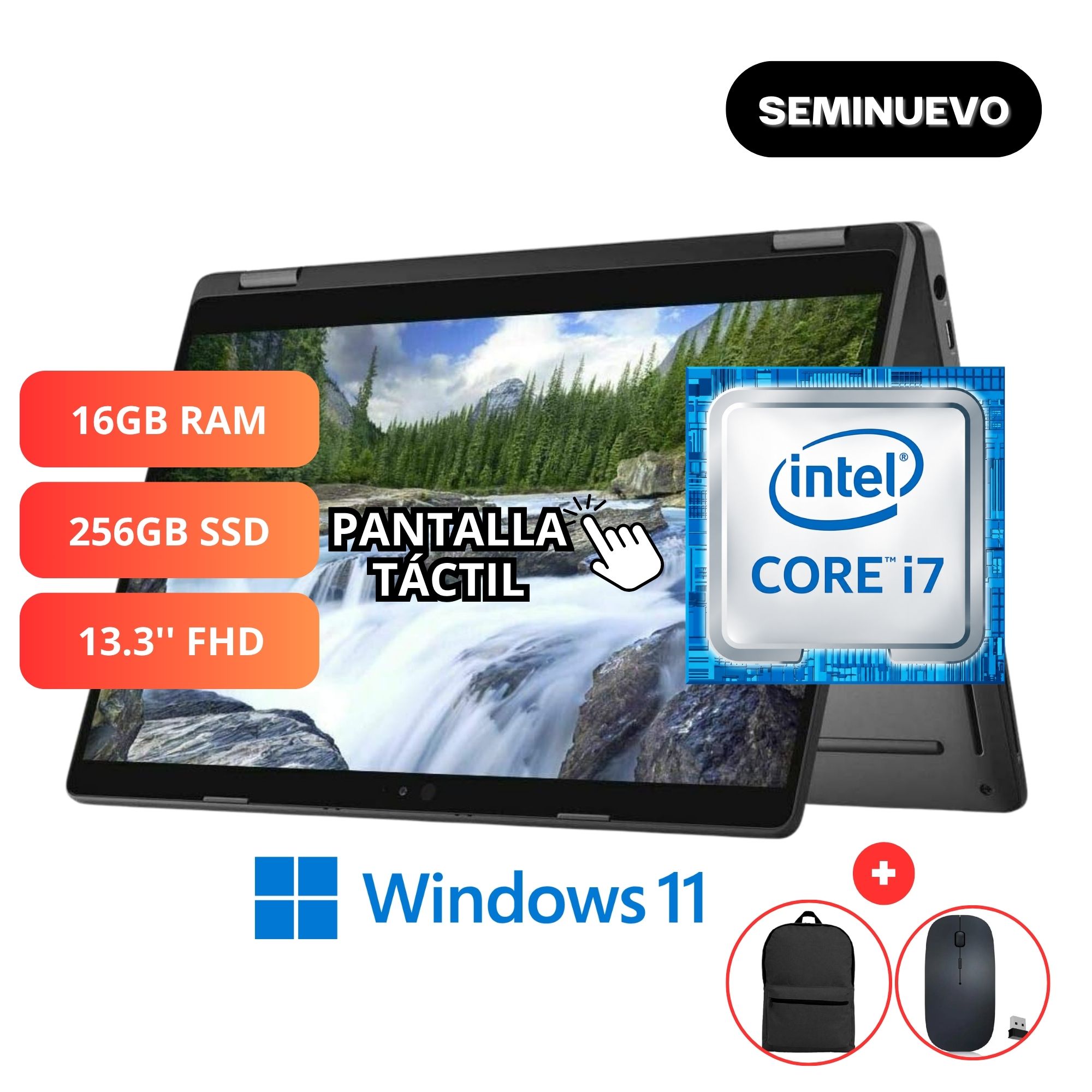 Dell Latitude 5300 2-in-1 Core i7 16GB 256SSD 13.3 Touch Win 11 - Mochila y Mouse - Seminuevo