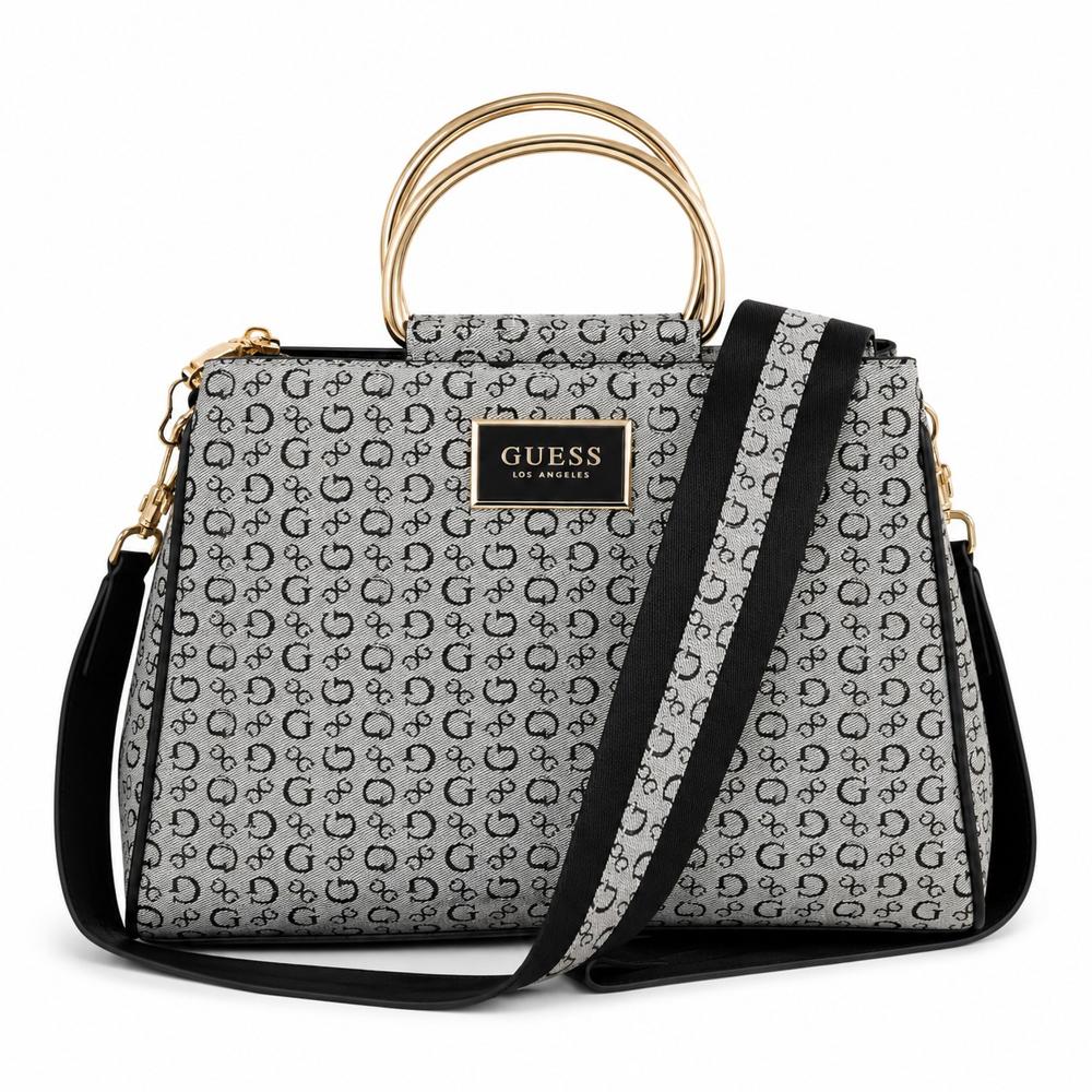 CARTERA TOTE GUESS MONOGRAFIADA GRIS CON ASA DORADA