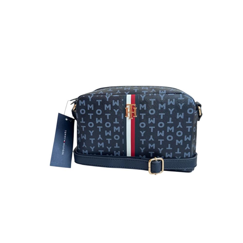CARTERA CROSSBODY TOMMY HILFIGER MONOGRAFIADO AZUL CON CINTA ROJO Y BLANCO