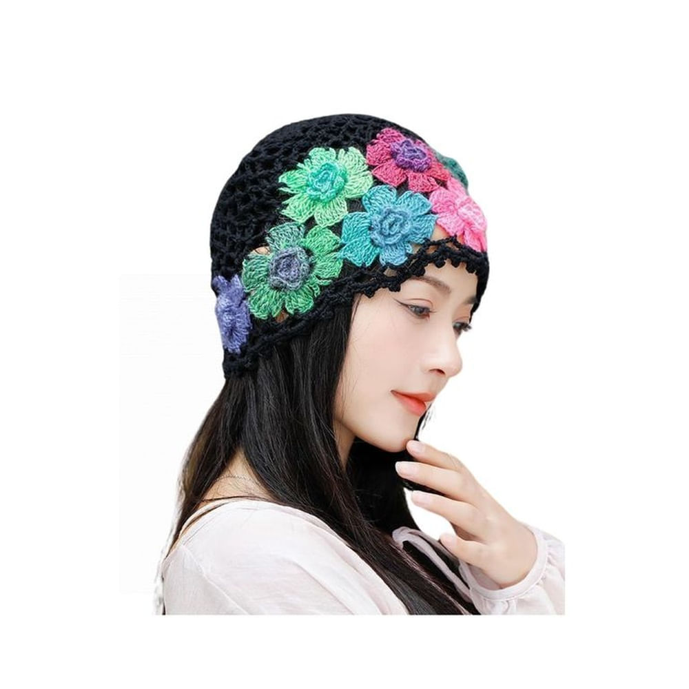 Gorro Tejido para Mujer con Diseño de Flores Coloridas