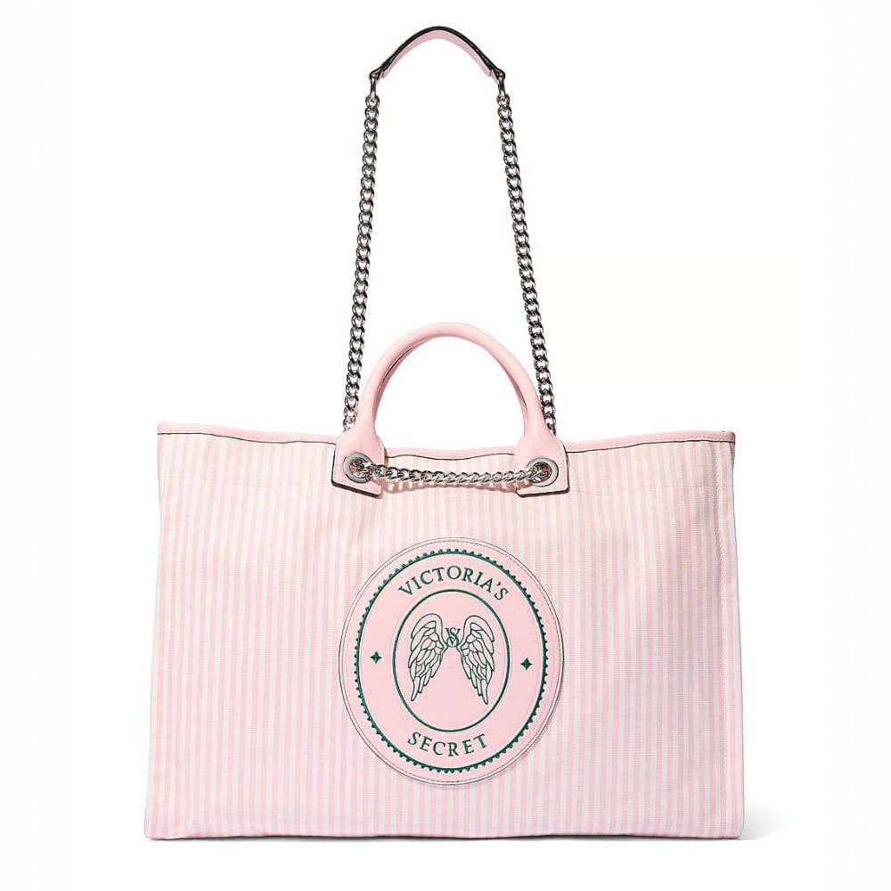 CARTERA TOTE VICTORIAS SECRET ROSADO A RAYAS CON LOGO Y CADENA