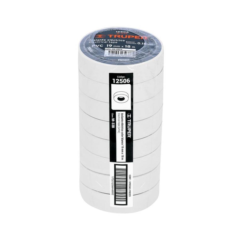 Pack x 8 - Cinta Aislante Truper 19mm x 18m 12506 - Blanco