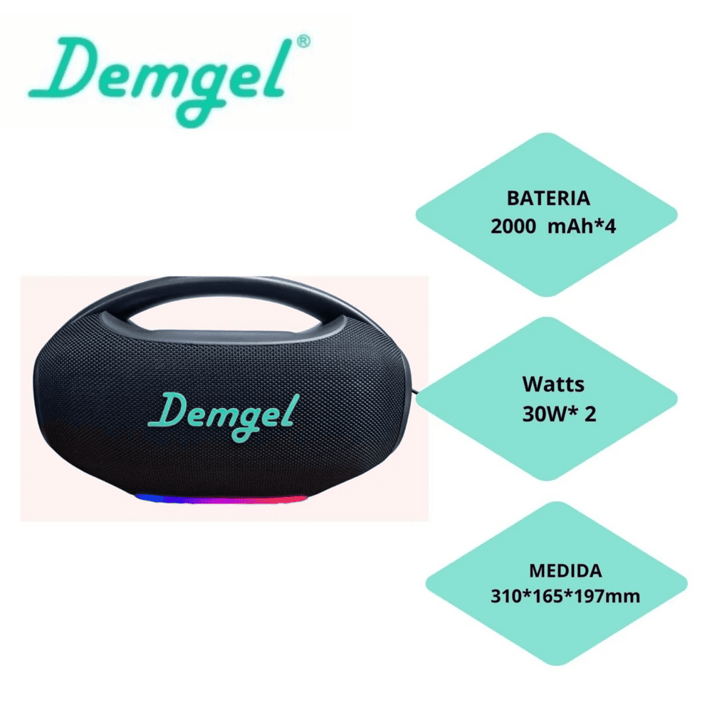 Parlante Demgel Portatil Inalambrico 60 Watts RMS 4 Horas Negro BT-USB-RGB-TWS 2000mAh D-P8009 2026