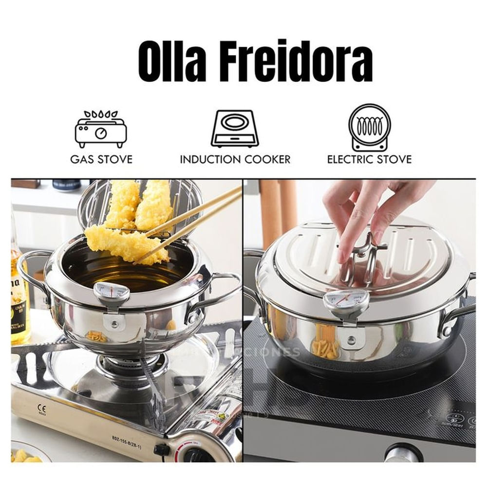 Olla Freidora Japonesa de Acero Inoxidable con Termómetro