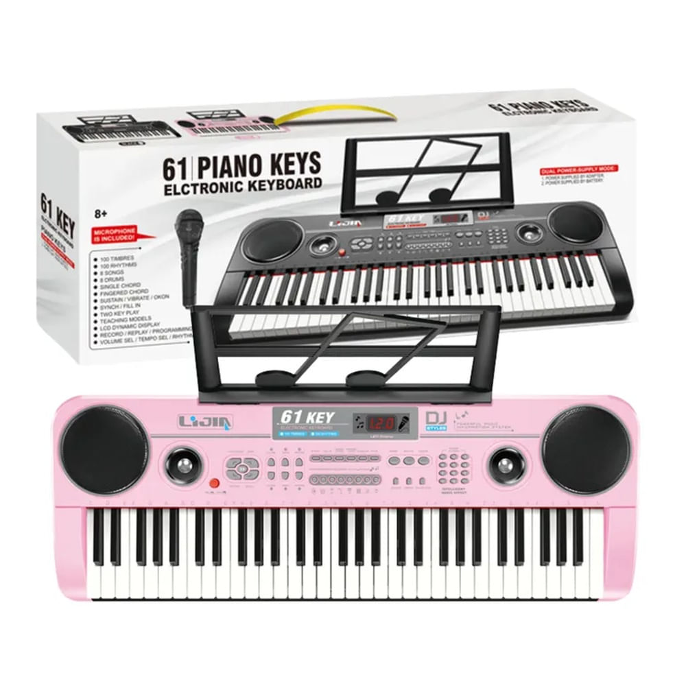 Piano Musical De 61 Keys Con Variedad De Sonidos Y Micrófono Incluido - Rosado