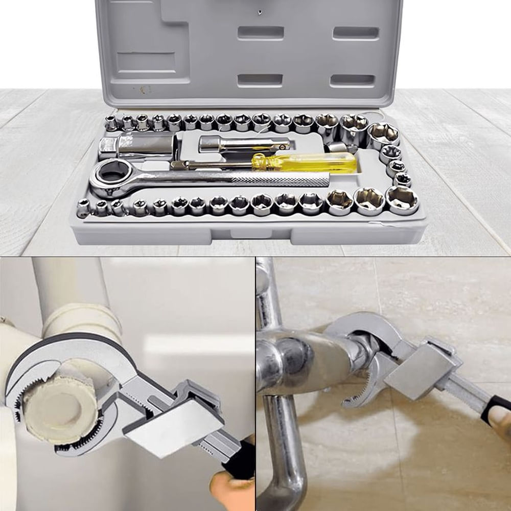 Combo Pro: Juego de Dados 40 pzs. + Llave Gasfitería Alta Resistencia Plateado