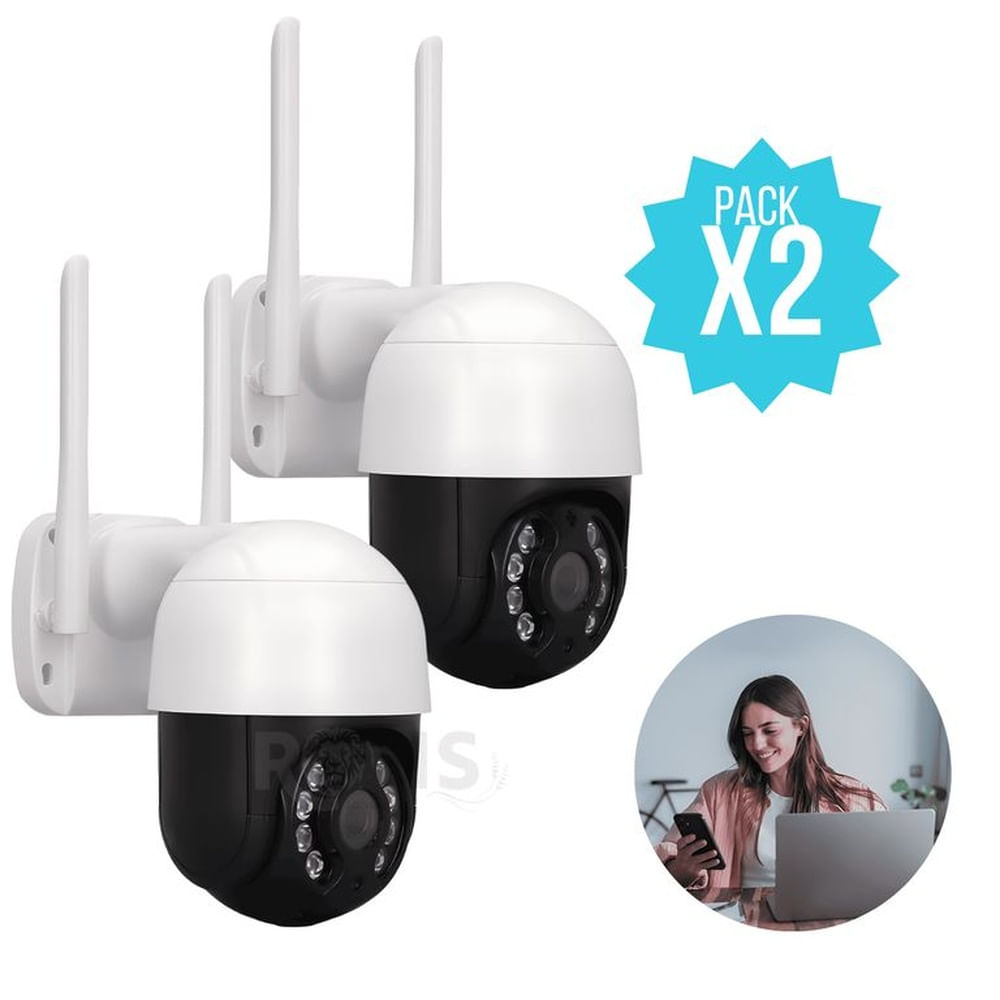 Pack 2 Cámaras Seguridad WiFi Exterior 360° HD Visión Nocturna Audio Estereo Detección Movimiento Blanco
