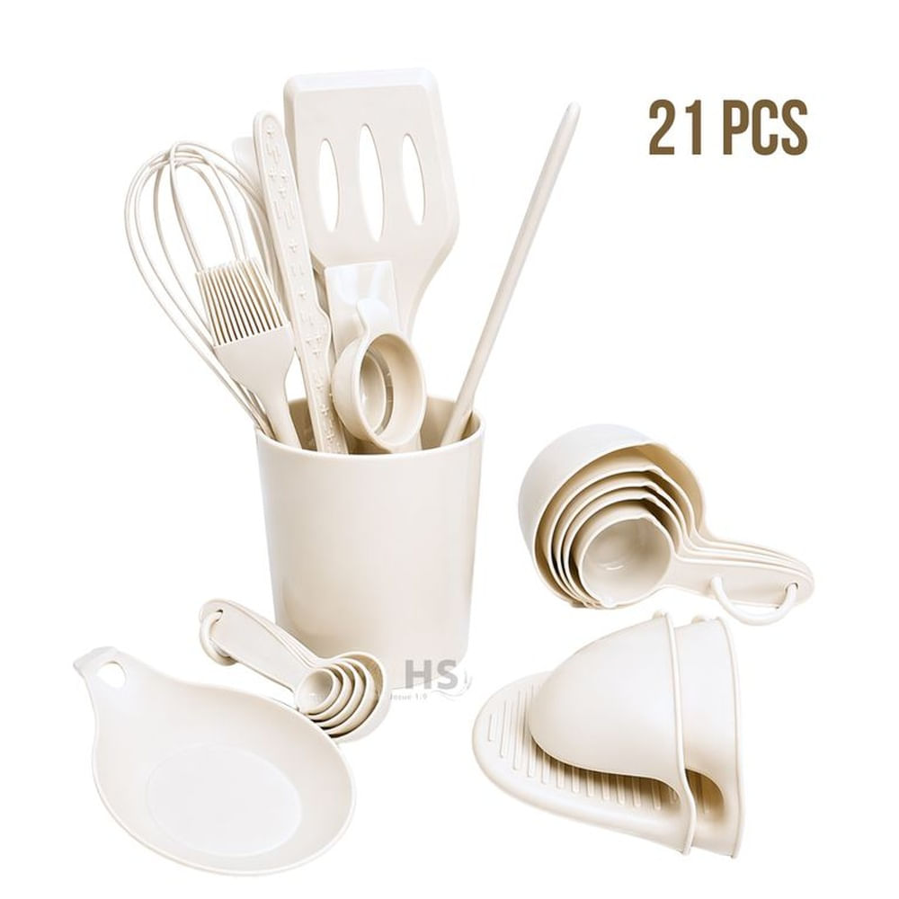 Set De Utensilios De Cocina Silicona 21 Piezas Con Base Y Accesorios Resistente Al Calor Beige