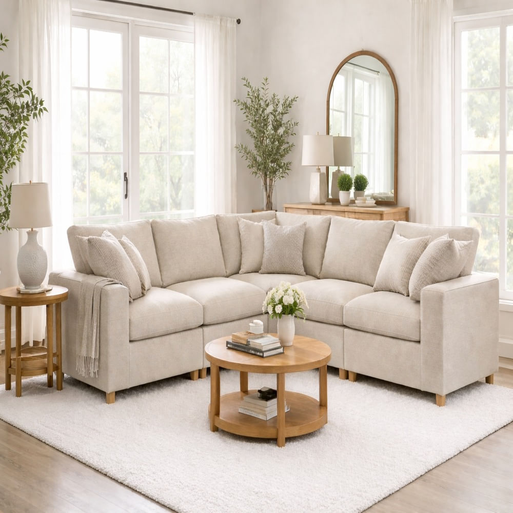Sofá Gran Confort Cinco Piezas Beige Antifluido y Obsequio Sofá Gran Confort Cinco Piezas Beige Antifluido y Obsequio